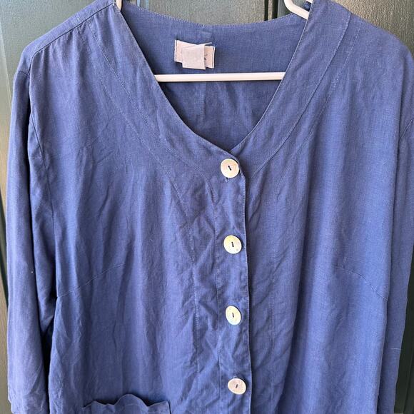 Mosaic Blue 100% Linen Lagenlook Boxy Oversized Button Top XL Made in USA - Picture 3 of 6